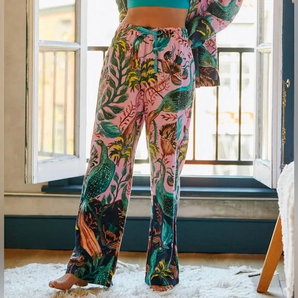 Raphael Balme for Anthropologie Peacock Flannel Sleep Pink Pants Size S - Picture 4 of 12